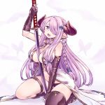  1girl between_breasts black_gloves black_legwear blue_eyes blush boots braid breasts butterfly_hair_ornament chan_co cleavage demon_horns elbow_gloves fingerless_gloves gloves granblue_fantasy hair_ornament hair_over_one_eye holding_sword holding_weapon horns katana large_breasts lavender_hair long_hair mismatched_gloves narumeia_(granblue_fantasy) open_mouth pointy_ears sidelocks single_braid single_thighhigh solo squatting sword thigh-highs thigh_strap very_long_hair weapon 