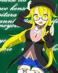  1girl blonde_hair blush breasts colored glasses highres long_hair looking_at_viewer open_mouth sacrack semi-rimless_glasses solo under-rim_glasses yellow_eyes 