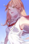  1girl 2015 :d acid_(pixiv4125720) armpits artist_name ashihara_yuno bangs bare_shoulders blue_background braid collarbone crown_braid dated floating_hair god_eater god_eater_2:_rage_burst gradient gradient_background green_eyes highres jewelry long_hair necklace open_mouth pearl_necklace shirt simple_background single_braid sleeveless sleeveless_shirt smile solo very_long_hair white_shirt 