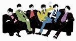  6+boys ;d alternate_hairstyle arm_behind_head black_hair boim bowtie brothers chin_rest couch crossed_legs formal highres jacket male_focus matsuno_choromatsu matsuno_ichimatsu matsuno_juushimatsu matsuno_karamatsu matsuno_osomatsu matsuno_todomatsu multiple_boys one_eye_closed open_clothes open_jacket open_mouth osomatsu-kun osomatsu-san sextuplets siblings sitting smile suit sweatdrop 