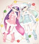  2girls absurdres aori_(splatoon) bangs bauble bed_sheet blue_dress blue_gloves blue_hair blue_hat blue_legwear blue_ribbon blush christmas christmas_ornaments cousins detached_collar dress earrings full_body fur_trim gloves gradient_hair hat highres holding_hands hotaru_(splatoon) jewelry leg_warmers long_hair looking_at_viewer lying mask mole mole_under_eye multicolored_hair multiple_girls no_shoes on_back pink_dress pink_gloves pink_hair pink_hat pink_legwear pink_ribbon pointy_ears puchiman purple_hair ribbon santa_costume santa_hat smile splatoon strapless_dress swept_bangs tentacle_hair twitter_username very_long_hair yellow_eyes 