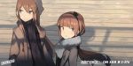  2girls astg bangs beanie blunt_bangs bow brown_eyes brown_hair circle_name coat expressionless hair_bow hairband hat long_hair looking_at_viewer looking_to_the_side multiple_girls original scarf shade smile upper_body wooden_floor 