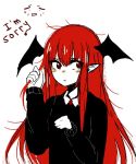  1girl :t bat_wings blush collar demon_girl dress hand_in_hair head_wings jpeg_artifacts koakuma long_hair long_sleeves mad_ryouko pointy_ears red_eyes redhead sidelocks simple_background solo sweater touhou upper_body white_background wings 
