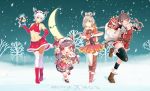  4girls :d absurdres antlers artist_request bad_id bangs bare_shoulders bare_tree bell black_gloves black_hair black_legwear blue_eyes boots bow box braid breasts brown_hair brown_shoes buttons cape carrying_over_shoulder chibi christmas collaboration comic crescent_moon detached_collar doll dongqing_zaozigao dress earmuffs fingerless_gloves fur_trim gloves grin hair_bell hair_bow hair_ornament hair_ribbon hair_rings hat headphones heart heart_hair_ornament highres holding horn_ornament in_box in_container kneehighs lineup long_hair long_sleeves looking_at_viewer low_twintails luo_tianyi merry_christmas midriff mistletoe mittens mo_qingxian moon multiple_girls navel night night_sky one_eye_closed open_mouth over-kneehighs pleated_dress pleated_skirt red_boots red_bow red_dress red_eyes red_gloves red_hat red_lips red_ribbon red_skirt reindeer_antlers ribbon sack santa_claus santa_costume santa_hat shadow shoes short_hair sideboob single_kneehigh single_thighhigh skirt sky sleeveless smile snow snowing snowman snowman_print standing_on_one_leg stomach strapless striped striped_bow striped_legwear striped_ribbon thigh-highs tree twintails v very_long_hair vocaloid vocanese white_hair white_legwear yan_he yellow_bow yuezheng_ling yuezheng_longya 