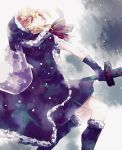  1girl blonde_hair boots cape fate/grand_order fate/stay_night fate_(series) from_side gloves hat highres mitsuhiromu saber saber_alter santa_hat sidelocks snow solo sword weapon winter_clothes yellow_eyes 