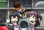  !! 3girls ahoge anago animal_costume apron barrel black_hair blush brown_hair commentary dated duster gloves hagikaze_(kantai_collection) hamu_koutarou holding i-401_(kantai_collection) instrument kantai_collection long_hair machinery multiple_girls one_side_up ponytail sazae-san school_swimsuit school_uniform serafuku sweat swimsuit swimsuit_under_clothes tsuchinoko turret white_gloves wolf_costume yahagi_(kantai_collection) 