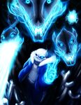  1boy blue_fire blue_jacket bone burning_hand fire fur_jacket gasterblaster glowing glowing_eye glowing_eyes grin highres hoodie index_finger_raised jacket open_mouth sans shorts skeleton smile solo spoilers sweater teeth undertale unzipped wargreymon43 