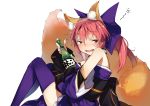  1girl alcohol animal_ears bare_shoulders blush bottle bow breasts brown_eyes caster_(fate/extra) drunk fate/extra fate_(series) fox_ears fox_tail hair_bow highres kange pink_hair purple_legwear short_hair simple_background smile solo tail thigh-highs white_background 