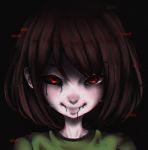  androgynous black_blood black_sclera brown_hair chara_(undertale) close-up face glitch green_shirt liquid looking_at_viewer portrait red_eyes shirt short_hair smile smirk solo spoilers static undertale wiki234 