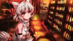  1girl albino animal_ears bar bare_shoulders blurry cocktail_glass crossed_arms cup depth_of_field detached_sleeves drinking_glass inubashiri_momiji k2pudding shirt short_hair silver_hair skirt smile solo tail touhou white_hair wolf_ears wolf_tail 