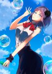  1girl black_rose blue_eyes blue_sky blush bubble bubble_blowing buttons clouds cowboy_shot dagashi_kashi flower hair_flower hair_ornament hairband high-waist_skirt highres holding konkito looking_at_viewer nail_polish pink_nails purple_hair red_nails ringed_eyes rose shidare_hotaru shirt short_hair sky sleeveless sleeveless_shirt smile solo white_shirt wrist_cuffs 