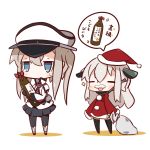  2girls alternate_costume blonde_hair blue_eyes chibi commentary_request graf_zeppelin_(kantai_collection) hat highres kantai_collection long_hair long_sleeves multiple_girls nuu_(nu-nyu) open_mouth pantyhose peaked_cap santa_costume santa_hat sparkle sweat translation_request twintails u-511_(kantai_collection) 