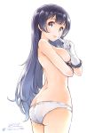  1girl agano_(kantai_collection) ass bangs black_hair blunt_bangs breasts covering covering_breasts from_behind from_side gloves green_eyes kantai_collection large_breasts lips long_hair looking_at_viewer mousoup panties parted_lips solo thighs topless underwear white_gloves white_panties 