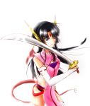  1girl black_hair blue_eyes breasts cleavage cross_ange detached_sleeves highres holding_sword holding_weapon katana long_hair ringozuki salamandinay simple_background solo sword tail weapon white_background 