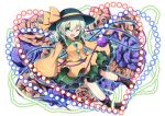  1girl blush boots danmaku eyeball floral_background floral_print flower full_body green_eyes green_hair hat hat_ribbon heart komeiji_koishi long_sleeves looking_at_viewer nogisaka_kushio one_eye_closed open_mouth ribbon rose shirt short_hair skirt smile solo string third_eye thorns touhou transparent_background wide_sleeves 