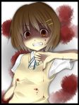  amputee bad_id blood brown_eyes brown_hair crazy_eyes grin hair_ornament hairclip hirasawa_yui k-on! scared school_uniform short_hair smile solo sweater_vest thumbs_down yandere 