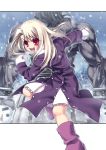  1girl berserker blonde_hair coat fate/stay_night fate_(series) hiroyama_hiroshi illyasviel_von_einzbern kalmia madamu_nyuudou mittens open_mouth red_eyes snow snowball snowman 