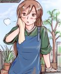  blush brown_eyes brown_hair dirty gloves long_hair overalls plant potted_plant rozen_maiden rozenweapon sigh sleeves_rolled_up suiseiseki sweatdrop wiping 