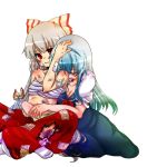  bandage bandages blue_hair blush comforting fujiwara_no_mokou hair_ribbon hands hug hug_from_behind indian_style injury kamishirasawa_keine long_hair multiple_girls no_shirt pants red_eyes ribbon sarashi shirtless silver_hair sitting takamura tears touhou wound 