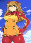  blush brown_hair cloud clouds funky-harem hair_ornament hand_on_hip hands_on_hips long_hair navel neon_genesis_evangelion plugsuit rebuild_of_evangelion see-through shikinami_asuka_langley shu-z skin_tight sky solo soryu_asuka_langley souryuu_asuka_langley test_plugsuit 