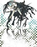  belt bikini_top black_hair black_rock_shooter black_rock_shooter_(character) blue_eyes boots chain chains checkered coat flat_chest front-tie_top glowing glowing_eyes jacket katana knee_boots long_hair midriff navel pale_skin scar short_shorts shorts solo star sword twintails uneven_twintails very_long_hair weapon yayoi 