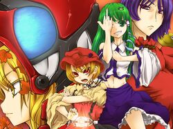  aki_shizuha belt corocoma crossover hat kamen_rider kamen_rider_dcd kamen_rider_decade kamen_rider_kabuto kamen_rider_kabuto_(series) kochiya_sanae middle_finger pose touhou yasaka_kanako 