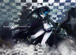  bikini_top black_hair black_rock_shooter black_rock_shooter_(character) blue_eyes cape checkered glowing glowing_eyes minami-nyan scar twintails uneven_twintails weapon 