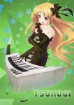  bare_shoulders blonde_hair blue_eyes don&#039;t_say_lazy don't_say_&quot;lazy&quot; earrings elbow_gloves gloves haoyuan instrument jewelry k-on! keyboard keyboard_(instrument) kotobuki_tsumugi long_hair pantyhose solo striped 