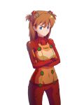  brown_hair frown hair_ornament hairclip highres kurio long_hair navel neon_genesis_evangelion plugsuit rebuild_of_evangelion shikinami_asuka_langley simple_background skin_tight souryuu_asuka_langley test_plugsuit 