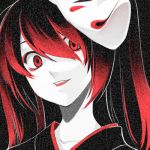  alternate_hair_color black_hair close-up eyeshadow face fox_mask hatsune_miku japanese_clothes lastswallow long_hair lowres mask multicolored_hair musunde_hiraite_rasetsu_to_mukuro_(vocaloid) red_eyes red_hair redhead smile solo twintails vocaloid 