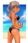  adjusting_hair ass beach bikini brown_hair cloud coca-cola from_behind glass green_eyes grey_hair long_hair looking_back original outdoors ponytail product_placement sky solo swimsuit tan water 