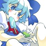  bad_id blue_eyes blue_hair bow cirno frog mouth_hold popsicle short_hair solo touhou wings yukataro 