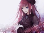  bad_id black_dress blue_eyes dress elbow_gloves flower gloves hair_ribbon long_hair megurine_luka pink_hair ria_(pixiv251058) ribbon solo spider_lily vocaloid 