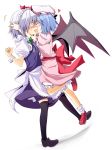  bat_wings blue_eyes blue_hair blush braid demon_girl hat highres huei_nazuki izayoi_sakuya kazeei_naduki multiple_girls remilia_scarlet short_hair silver_hair succubus thigh-highs thighhighs touhou vampire wings wrist_cuffs 