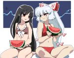  annoyed bikini black_hair eye_contact food fruit fujiwara_no_mokou hair_ribbon holding holding_fruit houraisan_kaguya long_hair multiple_girls oekaki red_eyes ribbon silver_hair sitting smirk sweatdrop swimsuit tonbi touhou watermelon 