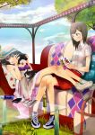 bad_id bag bird black_hair book breasts brown_hair cat cleavage couch drink girls_playing_games glasses grass highres legs long_hair mole multiple_girls original playing_games purse shigure_(artist) shigureteki shoes smile sneakers video_game 