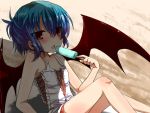  alternate_hairstyle bare_legs bare_shoulders bat_wings blue_hair blush flat_chest mikan_(ama_no_hakoniwa) popsicle red_eyes remilia_scarlet shade short_hair solo touhou wallpaper wings 