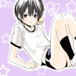  :&lt; androgynous angry bird black_hair bloomers blue_eyes blush character_request copyright_request gym midriff short_hair socks source_request 