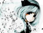  black_eyes blue_hair bow faux_traditional_media hair_bow hie_(tom) hitodama konpaku_youmu konpaku_youmu_(ghost) multicolored_hair petals tom_(pixiv200709) touhou white_hair 