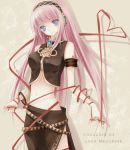  bad_id blue_eyes headphones headset heart heart_of_string long_hair megurine_luka midriff navel pink_hair red_string ria_(pixiv251058) skirt smile solo thigh-highs thighhighs vocaloid 