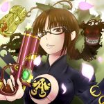  akizuki_ritsuko bayonetta breasts brown_hair cleavage cosplay glasses gun idolmaster monster 