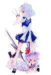  :d bad_id blood dress from_behind hat izayoi_sakuya kazune_(baumkuchen) knife looking_back lying maid multiple_girls on_stomach open_mouth red_eyes remilia_scarlet short_hair smile socks standing tongue touhou wings 