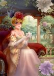  blonde_hair blue_eyes chair cup detached_sleeves dress earrings elbow_gloves eyebrows flower frills gloves gown hair_bun hair_flower hair_ornament hair_up haoyuan jewelry k-on! kotobuki_tsumugi solo teacup victorian 