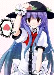  favfavver2 food fruit gradient_hair hand_on_hat hat heart hinanawi_tenshi holding holding_fruit multicolored_hair peach polka_dot polka_dot_background purple_hair red_eyes smile spoken_food touhou wrist_cuffs 