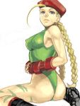  ass bad_id beret blonde_hair blue_eyes bodypaint boots braid cammy_white erect_nipples fingerless_gloves from_behind gloves hat icym leotard looking_back panties scar solo street_fighter thong thong_leotard twin_braids 