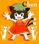  animal_ears bow cat cat_ears cat_tail character_name chen earrings fang hat jewelry karaagetarou multiple_tails ribbon solo tail touhou 