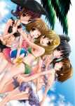  ball beachball bikini black_eyes black_hair brown_eyes brown_hair dutch_angle flower fujimiya_momoka gotou_miya keitai_shoujo long_hair mishima_ichiru multiple_girls palm_tree parasol ponytail rose shinogiri_zun short_hair swimsuit tomoe_sayo tree twintails umbrella yamada_ayano 