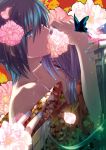  blue_eyes blue_hair butterfly flower highres hug japanese_clothes kaito kamui_gakupo kimono long_hair male migiwa_hasu nail_polish petals short_hair sweat twintails vocaloid yaoi yukata 