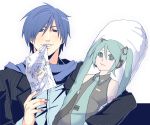  aqua_hair blue_eyes blue_hair child_drawing dakimakura_(object) detached_sleeves drawing formal hatsune_miku headphones headset kaito long_hair male mouth_hold nail_polish necktie pillow pillow_hug scarf simple_background smile suit tomo_(pixiv586511) twintails vocaloid 