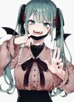  1girl :d absurdres artist_name bandaid bandaid_on_neck bangs bizet black_nails black_ribbon black_skirt center_frills choker detached_wings earrings eyebrows_visible_through_hair fangs frills hair_ribbon hands_up hatsune_miku heart_ring highres jewelry long_hair long_sleeves looking_at_viewer mask mouth_mask nail_polish open_mouth red_ribbon ribbon ring shiny shiny_hair simple_background skirt smile solo symbol_commentary twintails upper_body vampire_(vocaloid) vocaloid white_background wings 